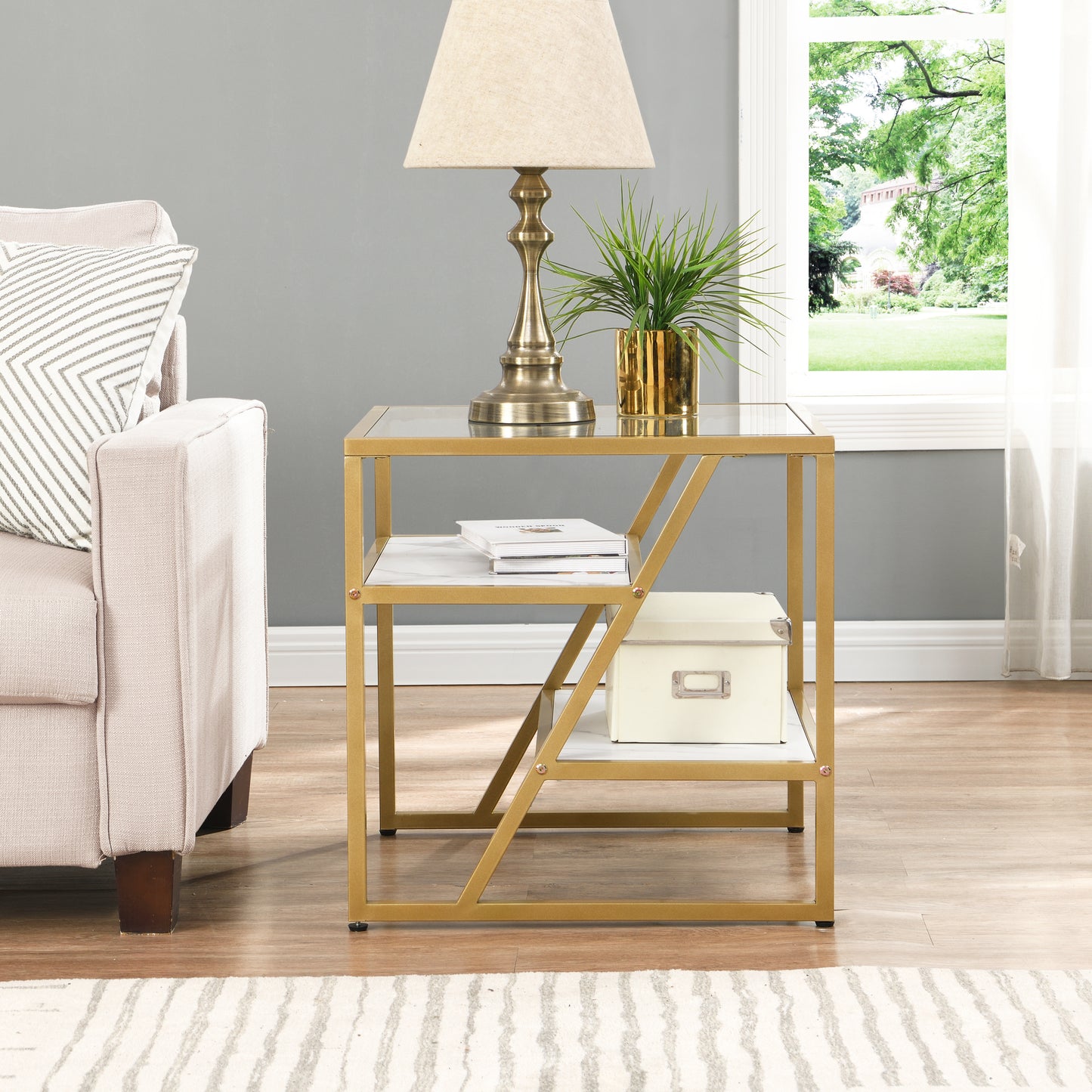 Golden Side Table with Storage Shelf Tempered Glass Top Metal Frame for Living Room and Bedroom