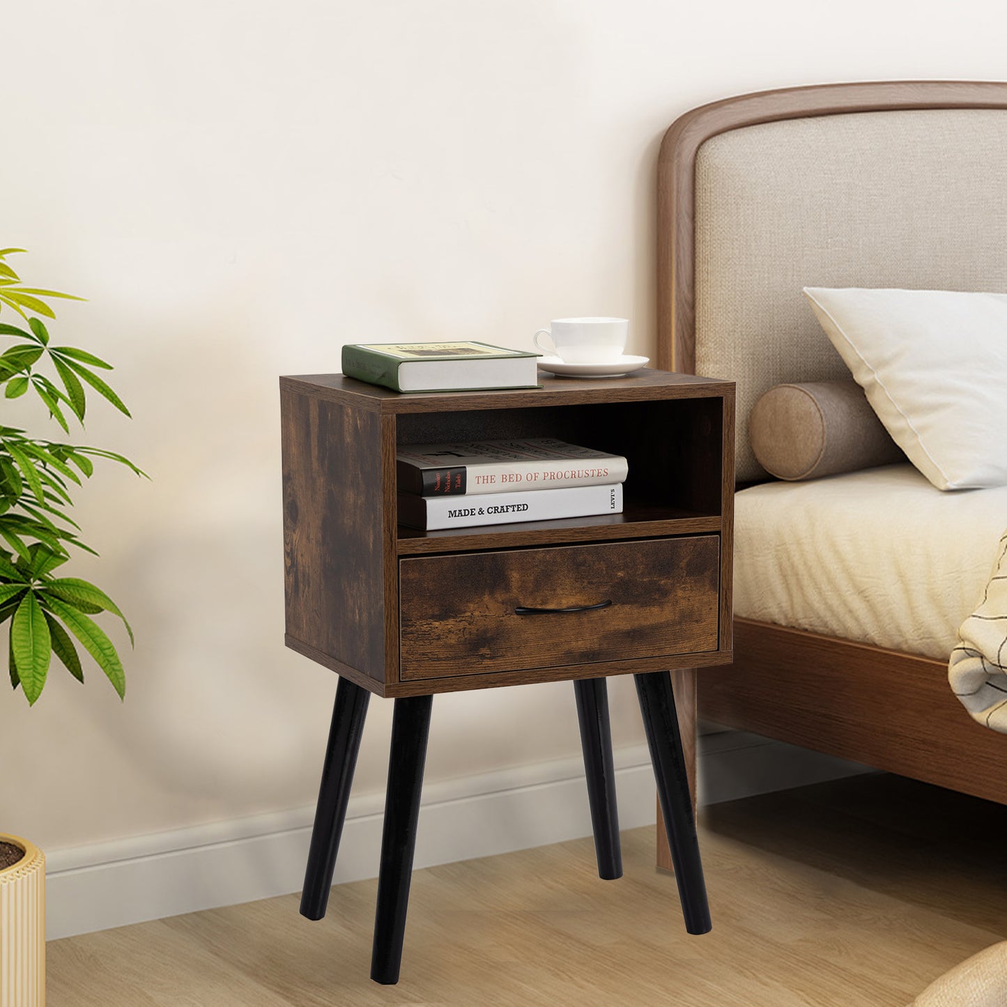 Mid Century Nightstand Set of 2 Rustic Brown Side Tables with Drawer and Shelf for Living Room Bedroom