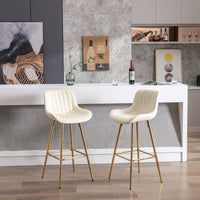 30 Inch Set of 2 Velvet Bar Stools with Chrome Footrest Golden Legs Simple High Counter Stool Cream