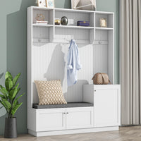 Elegant Hall Tree with Storage Bench and Cushion Modern Coat Rack with Hooks for Entryways White