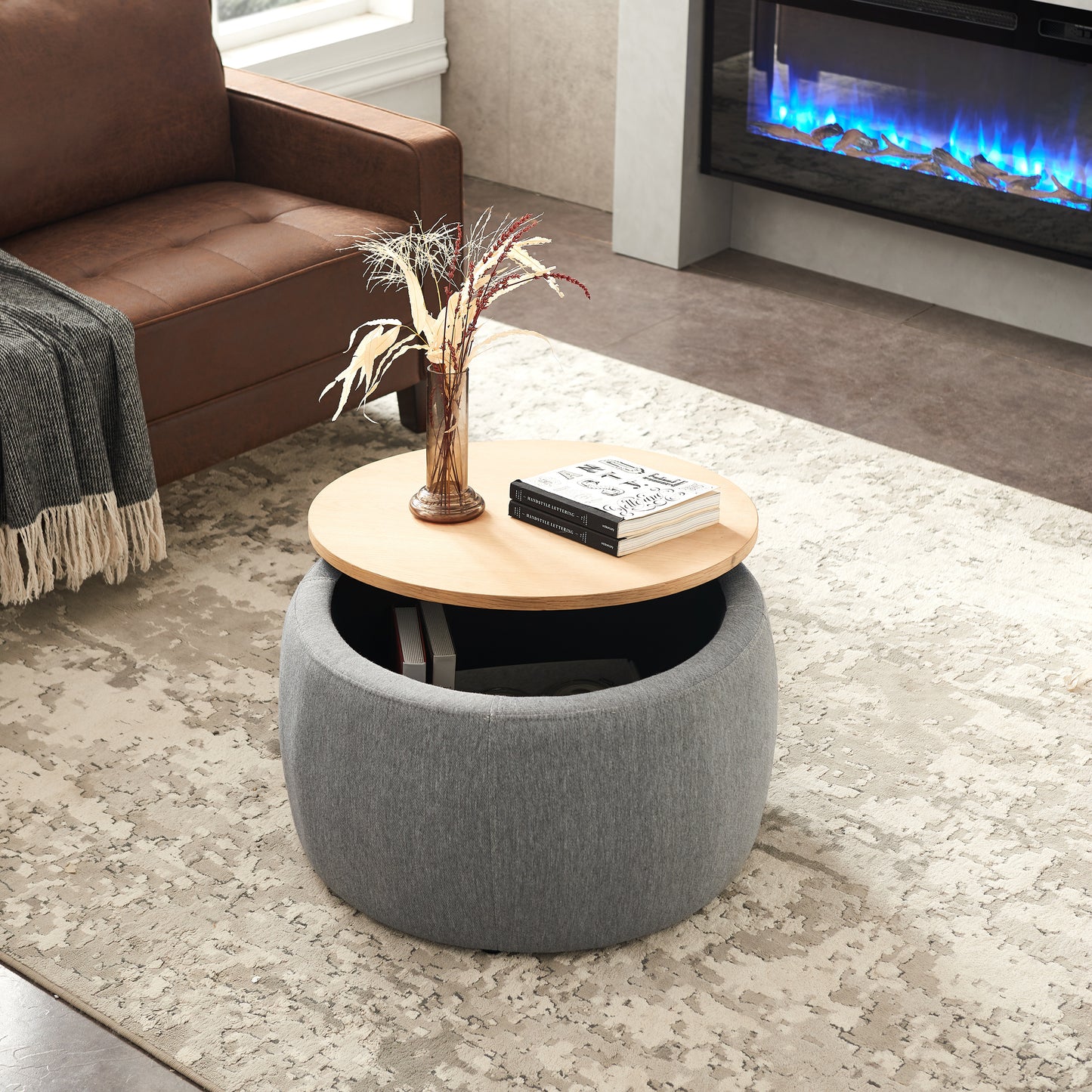 Round Storage Ottoman 2 in 1 Function End Table and Ottoman Dark Grey 25.5x25.5x14.5 Inches