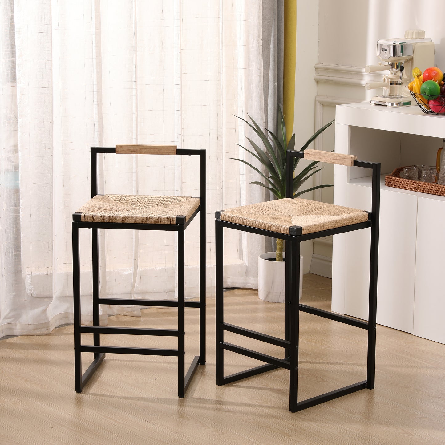 Set of 2 Counter Height Bar Stools with Back Paper Rope Woven Dining Chairs for Kitchen and Home