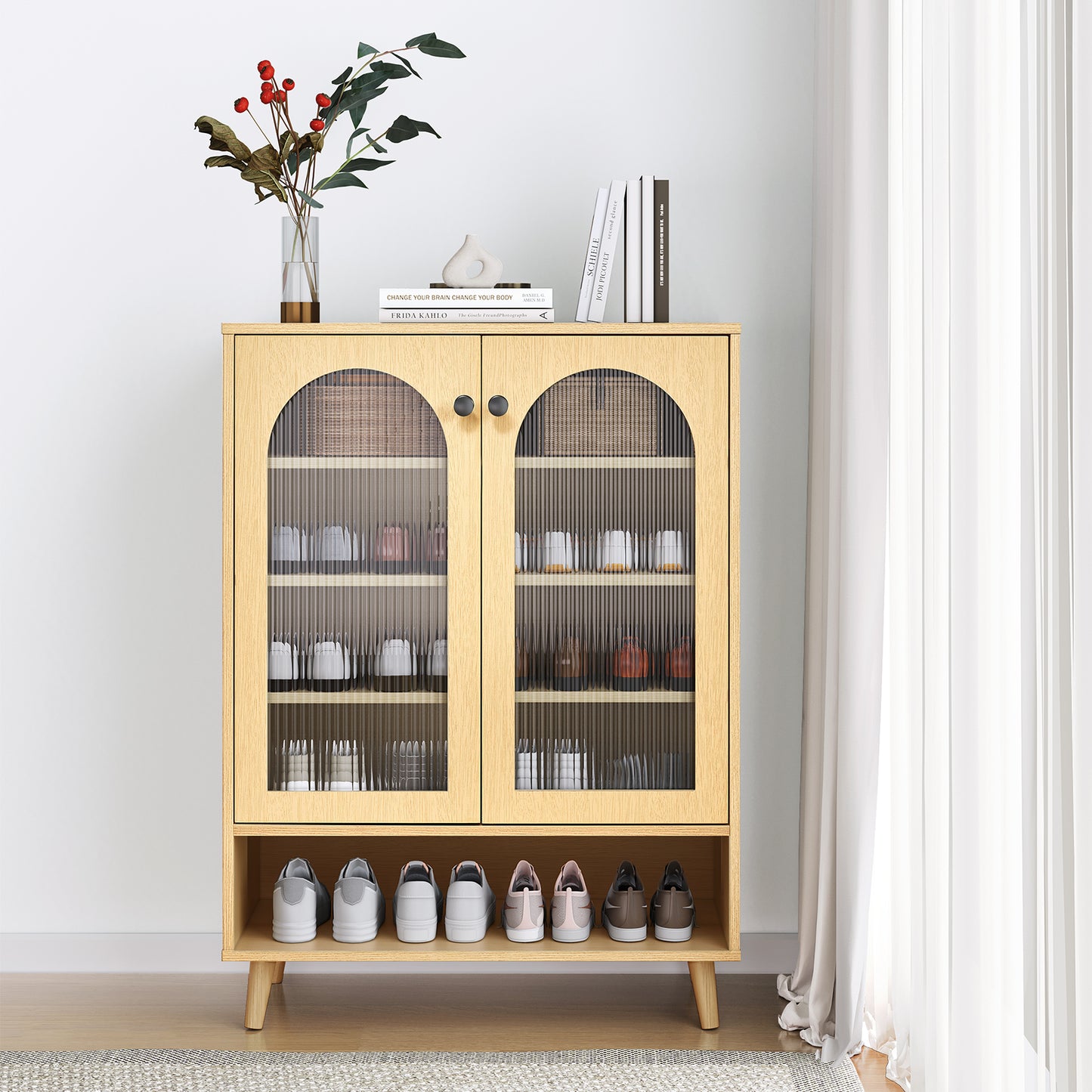 Shoe Storage Cabinet with Adjustable Shelves and Glass Doors for Organized Footwear Display